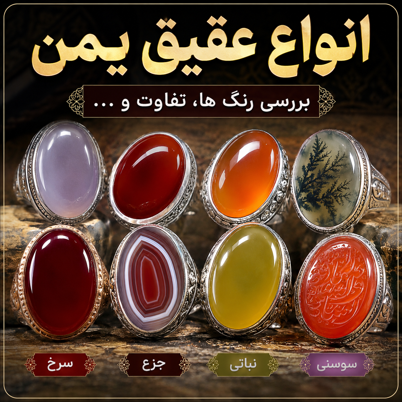 راهنمای جامع انواع عقیق یمن؛ معرفی رنگها، کیفیت، تفاوتها و روش تشخیص