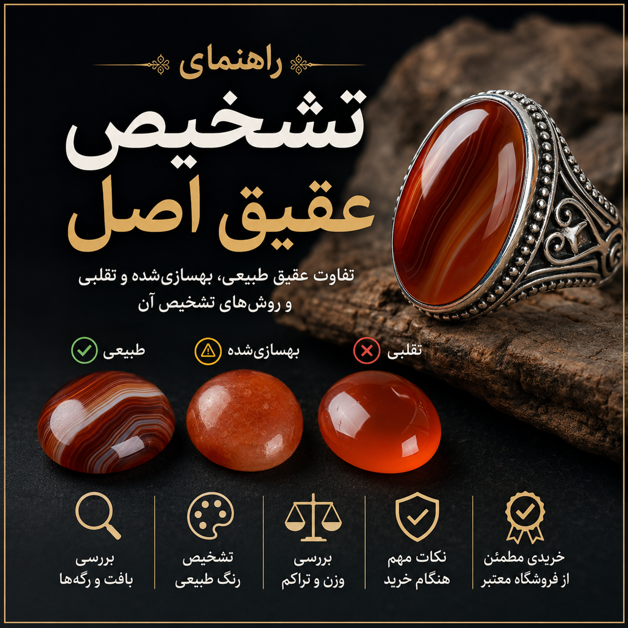 راهنمای تشخیص عقیق اصل؛ تفاوت عقیق طبیعی، بهسازیشده و تقلبی